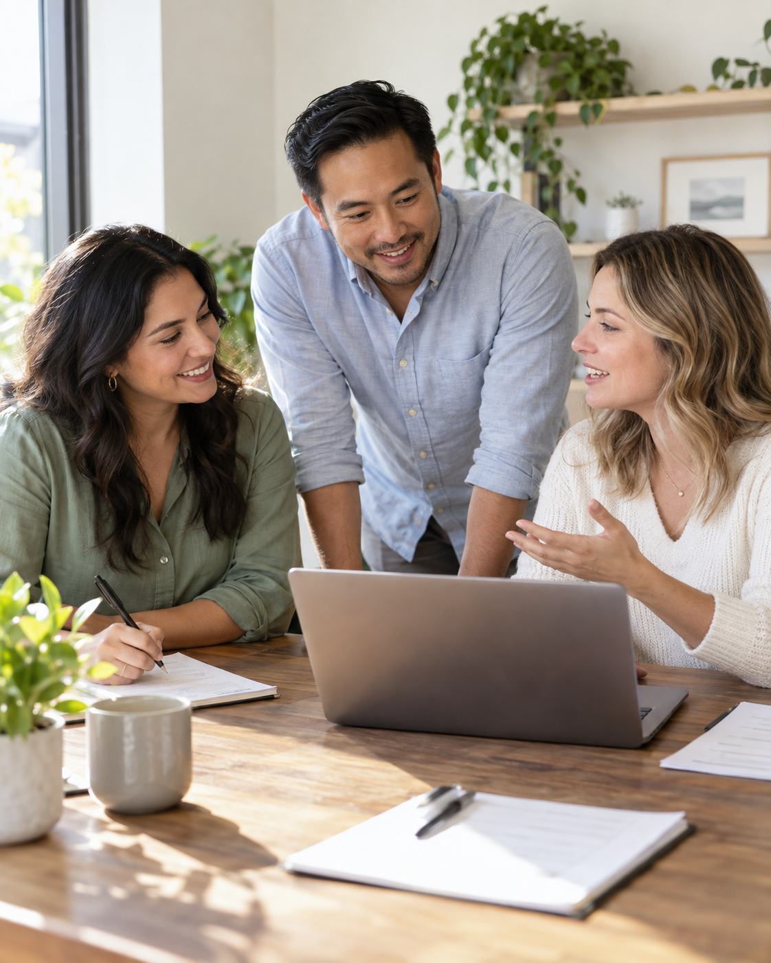 Three colleagues sharing ideas around a laptop in a sunlit workspace.