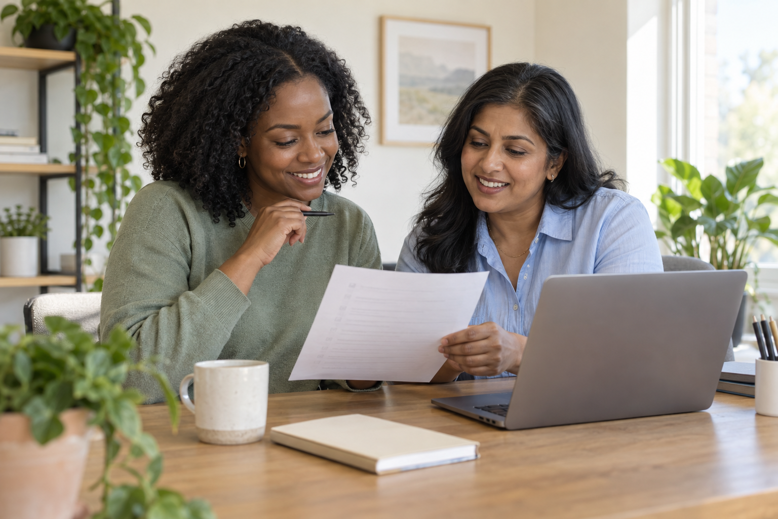 Two colleagues reviewing a checklist together beside a laptop.